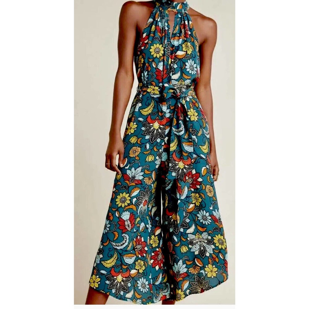 Anthropologie Geneva Teal Bold Mod Floral Halter Wide Leg Jumpst Pockets Sz XS